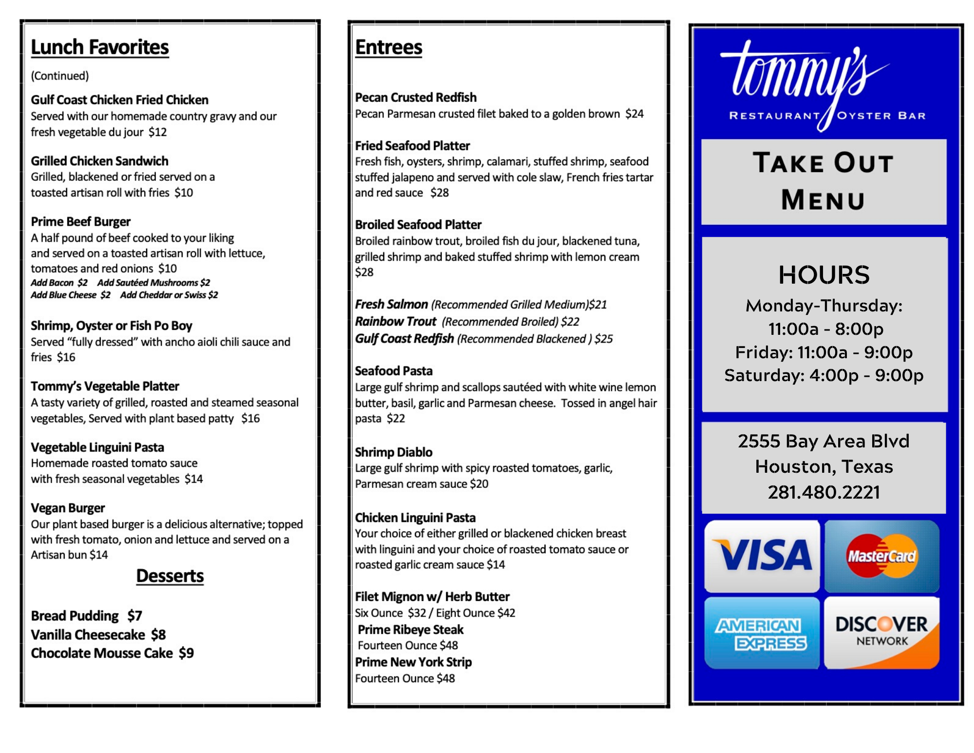 Menus Tommy's TO GO Houston & Clear Lake Seafood & Oysters