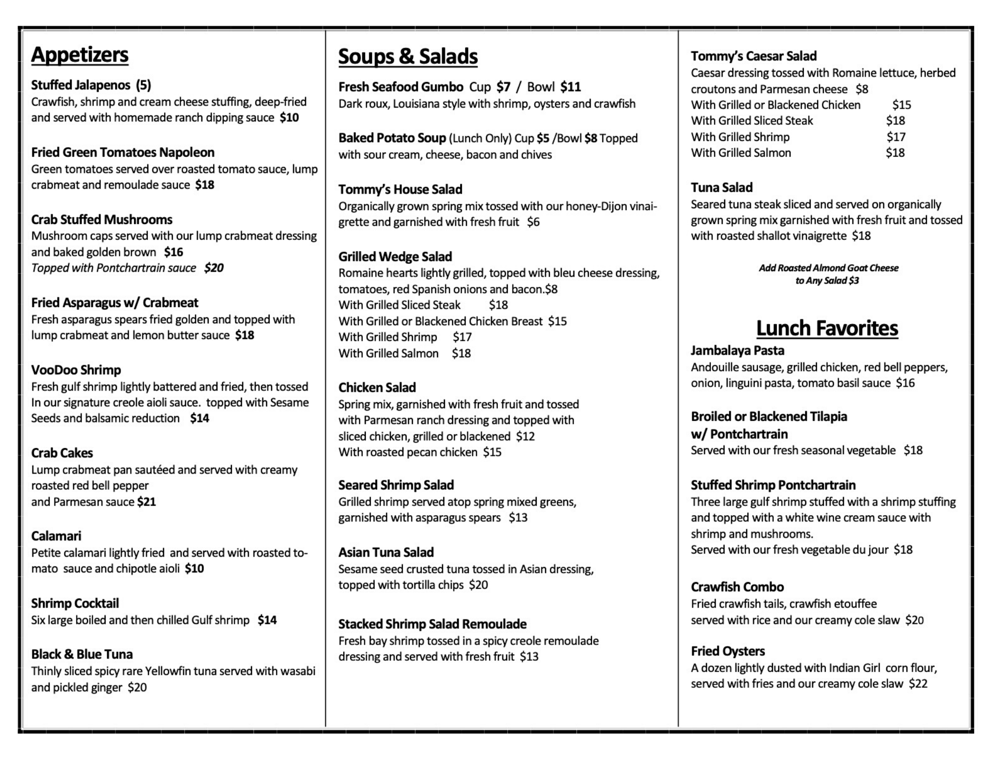 Menus Tommy's TO GO Houston & Clear Lake Seafood & Oysters