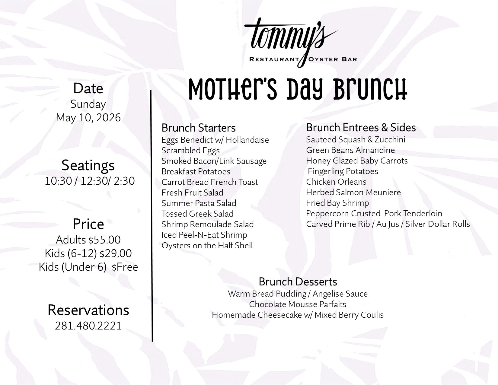 Mothers Day Menu